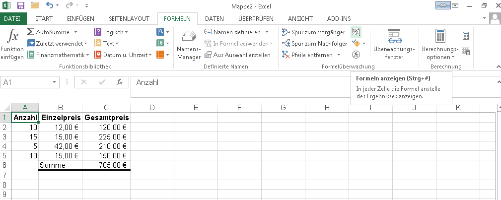 Formeln in Excel anzeigen